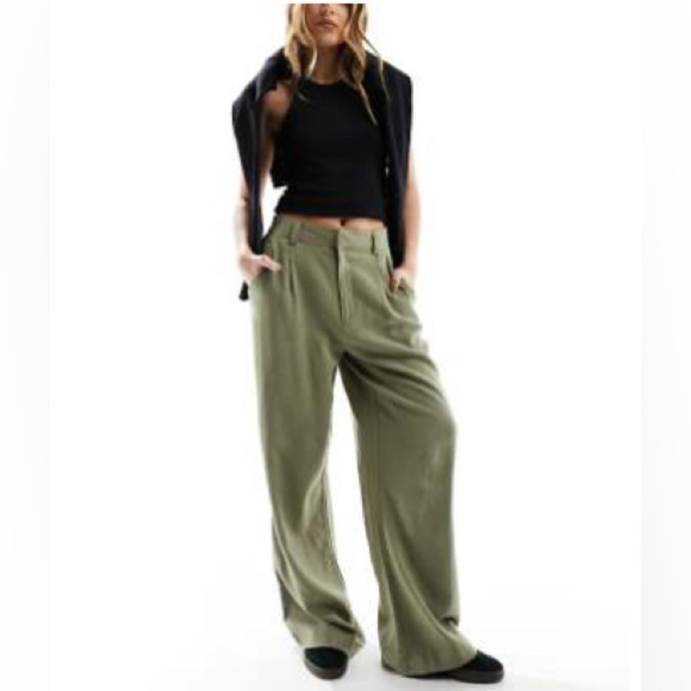ASOS design wide leg pants dad pants with linen in olive green